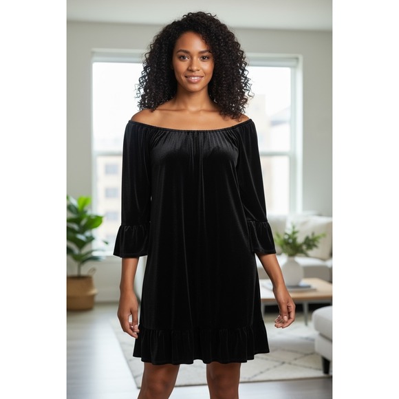 Fever Black Velvet Dress Off Shoulder Ruffle Bell Sleeve Party Cocktail Med NEW - Picture 1 of 8